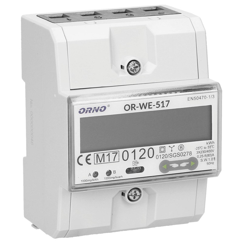 ORNO OR-WE-517 Multi-Tariff Two-Way Electricity Meter, DIN Rail, 3-Phase Display