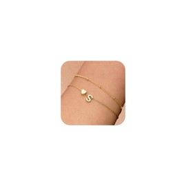 DEARMAY Dainty Letter Heart Gold Bracelets for Women Trendy, 14K Real Gold Initial Charm Bracelet Jewelry Cute Simple Fashion Chain Bracelets for Women Gift S