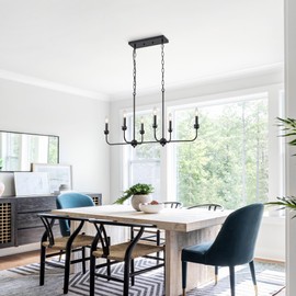 LMSOD Modern Black 6-Light Linear Chandelier, E12 Base, Adjustable Chain Lighting Fixture for Kitchen Island, Dining Room, or Long Table