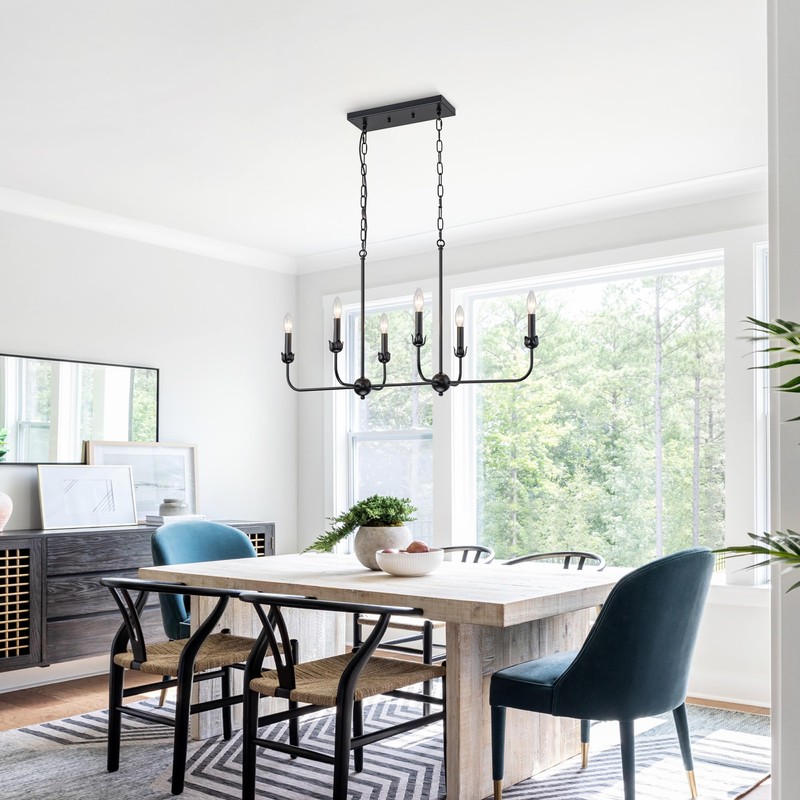 LMSOD Modern Black 6-Light Linear Chandelier, E12 Base, Adjustable Chain