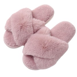 RJFUJP Women Slippers, Pink Slippers, Slippers Women, Fluffy Slippers, Cross Band Furry Open Toe Slippers Cozy Plush Home Shoes Indoor Outdoor Anti-Slide Slipper