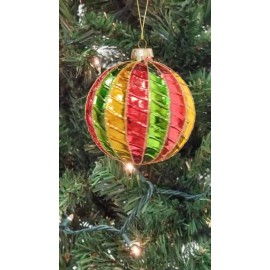 Wizardi Red and Green Striped Ball Glass Christmas Ornament F07M7-35-LH76-