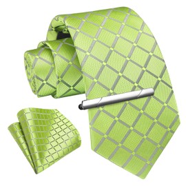 Enlision Men's Ties and Pocket Square Tie Clip Set Paisley Checked Tie Handkerchief Tie Pin for Men Business Wedding Tie Sets, C1 green, One size fits all