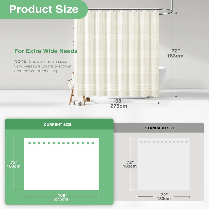 Dynamene Extra Wide Shower Curtain - 108x72 Inches Width Tufted