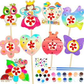 DoodleDoo 9 Pack DIY Wind Spinner Wood Painting Kit for Kids, Wooden Painting Arts & Crafts for Boys Girls Ages 4-6 6-8, Creative Art Toys for Boys Girls Birthday Party Gift