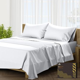 1000 Thread Count Best Bed Sheets 100% Egyptian Cotton Sheets Set - White Long - Staple Cotton California King Sheet for Bed, Fits Mattress Upto 16'' Deep Pocket, Soft & Silky Sateen Weave