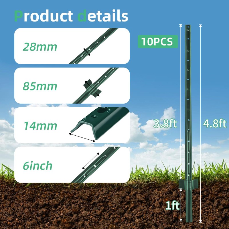 AggFencer 4.8 Ft Fence Post 10Pack, U Post for Wire