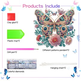Scettar 2 Pcs Butterfly Hanging Dimond Art Paintings Kit for Adults, DIY Crystal Gem Craft Painting Kit, Special Shape Diamond Dotz Kits Ornament for Home Wall Decor, Box Package