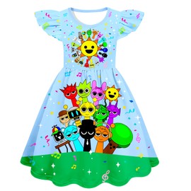Girl Kids Music Game Dress Cute Flutter Sleeve Dresses Birthday Party Playwear Blue