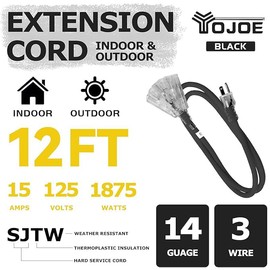 YOJOE 3-Outlets Indoor Outdoor Extension Cord with Lighted End, 3 Prong 15A Weatherproof Power Cord, 14 Gauge Heavy Duty 12 ft Black Extension Cord Multiple Outlets, 14/3 SJTW UL Listed