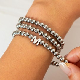 Impurain Silver Initial Cute A-Z Stretch Bead Stackable Bracelet with Letter Jewelry for women(Bracelet-M)