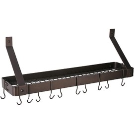 Old Dutch Wall-Mount Bookshelf Pot Rack with Grid & 12 Hooks, Oiled Bronze, 36.25" x 9" x 11.5"