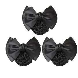 3PCS Bowknot Snood Net Hair Clip Bun Cover Satin Bow Elastic Mesh Barrette Invisible Ballet Hair Nets Women Working Styling Accessories for Stewardess Banks Hotels Restaurant Staff(Black)