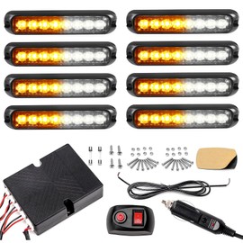 ROUTEKING 8x8LEDs Car Strobe Flash Lights Hazard Warning Beacon Emergency Flashing Lights14 Modes with Main Control Box Universal for 12V 24V Car Vehicle Truck Trailer Caravan Camper Van (Amber/White)