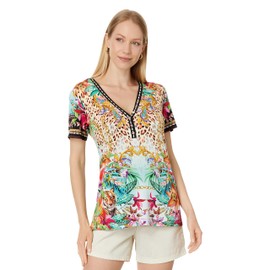 Johnny Was Janie Favorite Henley Tee Miller Tigre White Pink Floral Shirt Top New, XX-Large