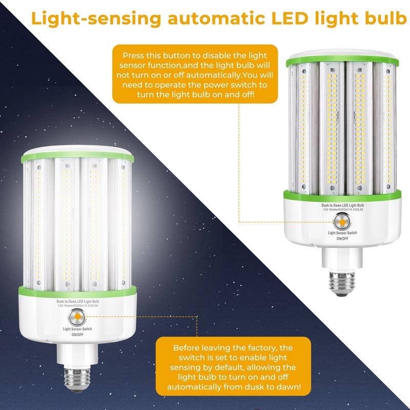2 Pack Dusk to Dawn Light Bulbs 100W(Equivalent 1000W), E26/E39