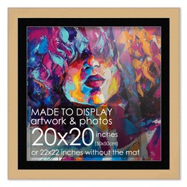 20x20 Frame Natural Wood With Black Mat | 22x22 Frame Matted to 20x20 | Display Your Poster Under UV Acrylic Shatter Guard Front, with Foam Board Backing, Wall Hanging Hardware - Gallery Frame Square