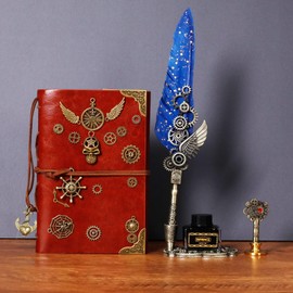 MPRINCE Quill Pen Ink Set Leather notebook With Quill Pen,Notebook,5 Replaceable Nibs,Seal Stamp,Spoon,Wax Beads,White Wax,Ink,Pen Holder,Cup,Envelope,Letter Paper(blue)