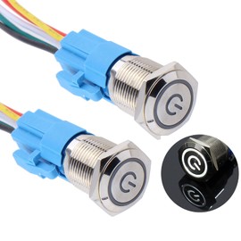 DMWD 2PCS 16mm Latching Push Button Switch 12V-24V On/Off 1NO 1NC Self-Locking Metal Silver Shell with Socket for 5/8" Mounting Hole Waterproof IP66 Power Symbol (White Led)