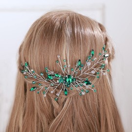 Aimimier Bridal Green Crystal Hair Comb Emerald Rhinestone Headpiece for Bride Wedding Prom Party Festival Hair Accessories for Women (Silver)