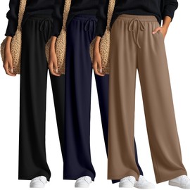 Neer 3 Pack Women's Wide Leg Yoga Pant High Waist Drawstring Sweatpants Loose Open Bottom Lounge Pants with Pockets(Khaki,Navy Blue,Black,Medium)