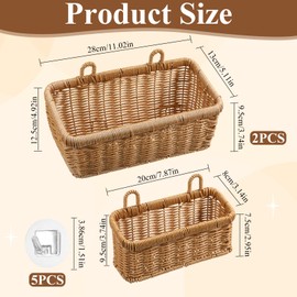 Set of 2 Wall Hanging Baskets, Boho Style Hand-Woven Hanging Storage Basket, Plastic Woven Baskets with Hangers for Kitchen Home Decor Bathroom Living Room (Light Brown, Imitation Rattan Plastic)