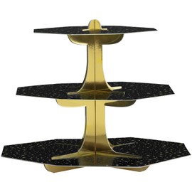 Unique 47990 Black & Gold Tiered Cupcake Stand-1 Count (Pack of 1), Multicolour