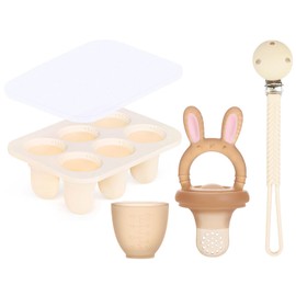 Gofeel Baby Fruit Feeder Set, BPA Free Baby Food Feeder Food Grade Silicone Feeder for Baby with Freezer Tray and Pacifier Chain (Brown Rabbit)
