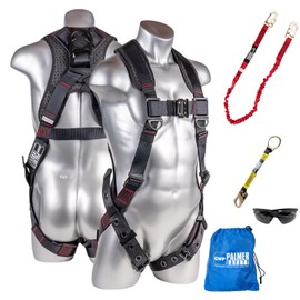 Palmer Safety Fall Protection Safety Harness SLKR Kit I 5pt Full Body Harness, 6' Single Lanyard w/Rebar Hook, 18" D-Ring Extender, Safety Glasses & Kit Bag (Black - Universal)