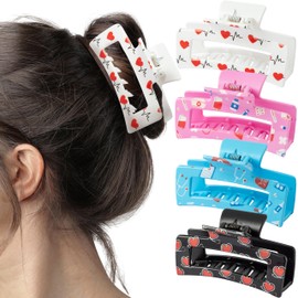 PANTIDE 4Pcs Nurse Hair Claw Clips for Women Girls - Cute Medical Heart Rectangle Nonslip Banana Hair Clips, Thin Thick Short Long Curly Accessories, Nurses Day Gift for Nursing Student Doctors
