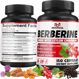 Berberine HCl, 150 Capsules - Plus Ceylon Cinnamon, Turmeric, Milk Thistle, Artichoke, Black Pepper, Berberine HCI Root Supplements Pills - Immune System
