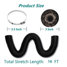 Dryer Vent Hose 3 Inch Air Duct 16 Feet Flexible Adjustable PVC Heavy-Duty Four-Layer Air Duct Hose with 2 Screw Clamps for HVAC Ventilation (Black)