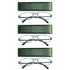 EYE ZOOM Reading Glasses 3 Pack Extra Wild Metal Readers Spring Hinge with Hard Case for Men and Women (Gunmetal, Strength + 2.25)