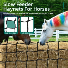 Round Bale Hay Net 6x6 Ft Polyester Knotless Slow Feed Hay Net with 1 3/4" Holes and 5mm Thick Fits Round Bales 4x4-6x6 or Square Bales 3x3x8-4x4x8 with 66ft Repair Twine, Netting Needle Shuttle,Ties