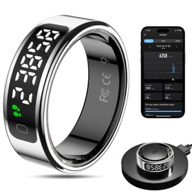 Smart Ring Health Tracker for Men/Women with LED Dispay Screen,Fitness Ring Sleep Tracker,Fast Charging,for Pedometer Exercise,Monitor Sleep,Heart Rate, Stress,Waterproof (Silver, 13)
