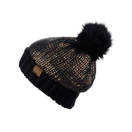 C.C Women's Faux Fur Pom Shiny Metallic Finished Knit Beanie Hat-Black/Gun