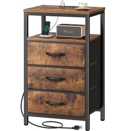 Huuger Nightstand with Charging Station, 27.6 Inch Bedside Table with Fabric Drawers, End Table with USB Ports and Outlets, Night Stand for Bedroom, Rustic Brown