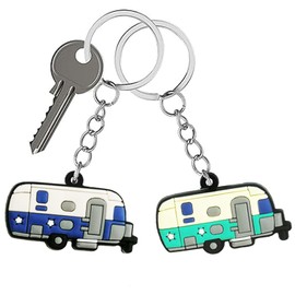 TrustBlai Camper Keychain Set, 2 Pack Happy RV Camping Trailers Keyring Couples Camping Gifts for Men Women Travel (Green+Blue)