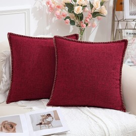 decorUhome Set of 2 Linen Cushion Covers 45X45cm,Decorative Outdoor Plain Vintage Cushion Covers with Stitched Edges, Square Farmhouse Neutral Pillow case 18x18 Inch for Sofa, Burgundy