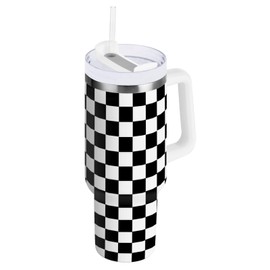 Tatenale 30 oz Tumbler with Handle Lid and Straw Leak Proof Insulated Stainless Steel for Water Coffee or Ice Tea Keep Cold or Hot Checkerboard Checkered Black and White