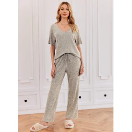 Ekouaer Lounge Sets for Women Ribbed Pajama Set Short Sleeve Top and Long Pants Set with Pockets Sleep Set Khaki