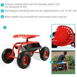 Sunnydaze Rolling Garden Cart with Swivel Seat and Storage - Rolling Garden Seat with Wheels - Gardening Stool with Wheels - Red