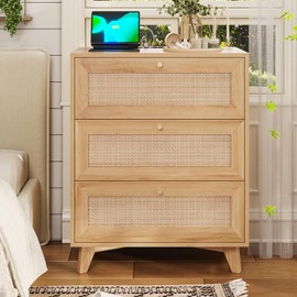 AOGLLATI Rattan Nightstand with Charging Station, Night Stand with 3 Drawers and 2 USB Ports and 2 AC Outlets, Rattan Black Bedside Table with Metal Handle, Wood Boho End Table for Bedroom