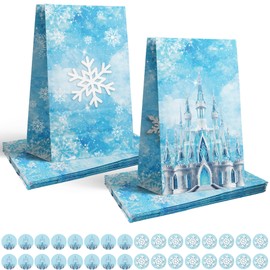 32Pcs Snowflake Gift Paper Bags with Stickers, Snowflake Candy Treat Goodie Bags for Wonderland Snowflakes Birthday Winter Party Supplies