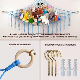 Abby Baby Large Stuffed Animal Hammock Corner - Stuffed Animal Storage - 100% Natural Cotton Macrame Stuffed Animal Net - Stuff Animal Organizer - Net For Stuffed Animals Corner Large-Blue