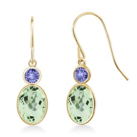 Gem Stone King 14K Yellow Gold Green Prasiolite and Blue Tanzanite Hook French Fish Ear Wire Dangle Earrings For Women 2.24 Cttw, Gemstone Birthstone, Oval 7X5MM, Round 3MM