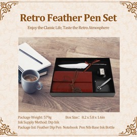 Feather Quill Pen Set, Retro Leather Notebook Feather Dip Pen Ink Bottle Set, Stationery Gift Box, with 1 Feather Dip Pen, 1 Notebook, 1 Pen Tip Base, 1 Ink Bottle (without Ink) (White)