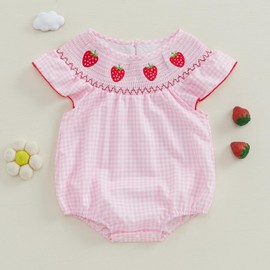 Kayotuas Newborn Baby Girls Smocked Bubble Romper Cute Embroidery Ruffle Gingham Bodysuit Dress Infant Toddler Summer Clothes (Pink Strawberry, 12-18 Months)