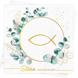 AFYHH Pack of 40 Napkins Wedding Birthday Fish Napkins Christening Decoration Green Eucalyptus Schön Dass Du Da Bist 3-Layer Napkins Sage Green Confirmation Communion Napkins Table Decoration White 33