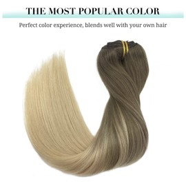 DOORES Human Hair Extensions, Ash Brown to Platinum Blonde 24 Inch 7pcs 120g, Remy Hair Extensions Clip in Human Hair Extensions For Women Clip in Natural Hair Extensions Thick Silky Straight